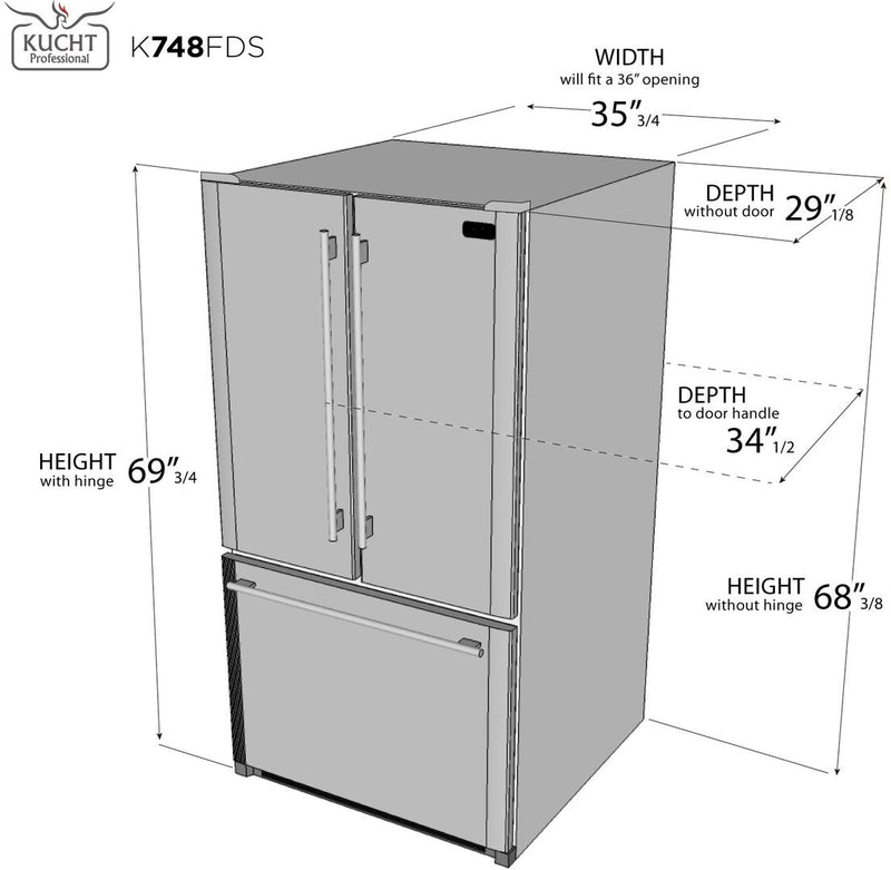 Kucht Professional 36" French Door Refrigerator in Stainless Steel - 26.1 cu. ft (K748FDS)