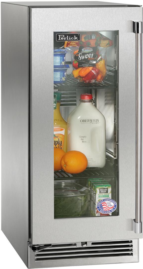 Perlick Signature Series 15" Built-In Counter Depth Compact Refrigerator with 2.8 cu. ft. Capacity in Stainless Steel with Glass Door (HP15RS-4-3L & HP15RS-4-3R)