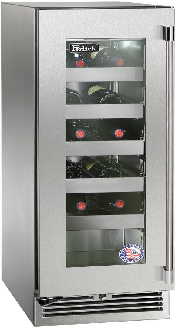 Perlick Signature Series 15" Outdoor Built-In Single Zone Wine Cooler with 20 Bottle Capacity in Stainless Steel with Glass Door (HP15WO-4-3L & HP15WO-4-3R)