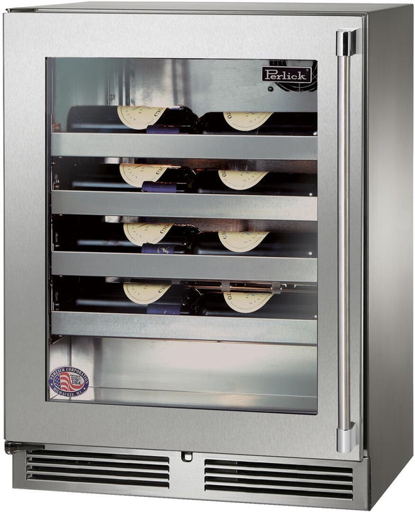 Perlick Signature Series 24" Built-In Single Zone Wine Cooler with 20 Bottle Capacity in Stainless Steel with Glass Door (HH24WS-4-3L & HH24WS-4-3R)