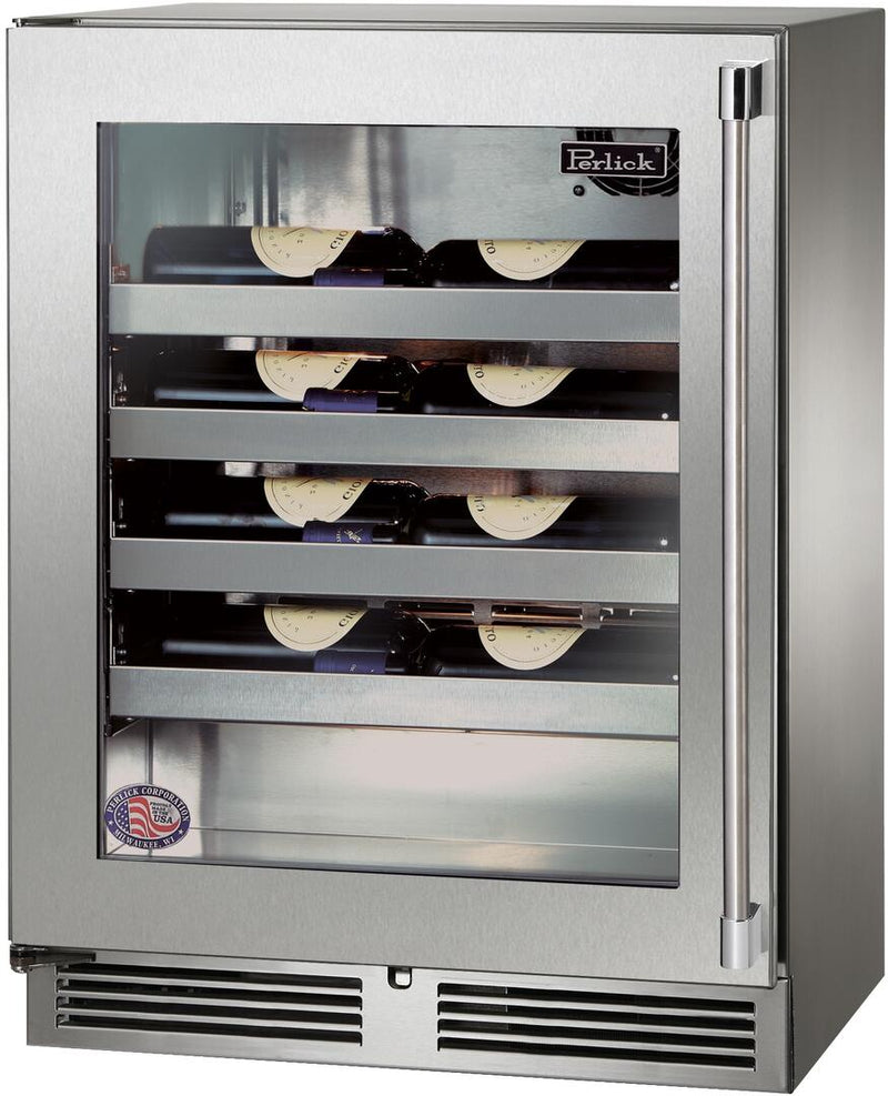 Perlick Signature Series 24" Outdoor Built-In Single Zone Wine Cooler with 20 Bottle Capacity in Stainless Steel with Glass Door (HH24WO-4-3L & HH24WO-4-3R)