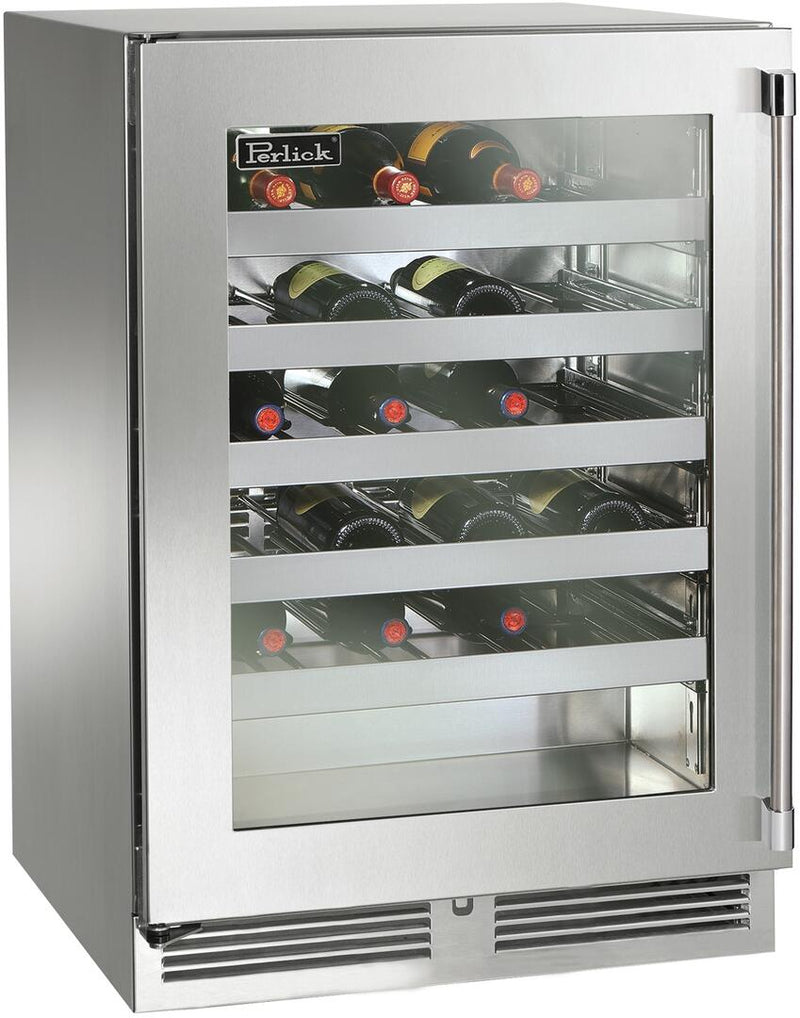 Perlick Signature Series 24" Outdoor Built-In Single Zone Wine Cooler with 45 Bottle Capacity in Stainless Steel with Glass Door (HP24WO-4-3L & HP24WO-4-3R)