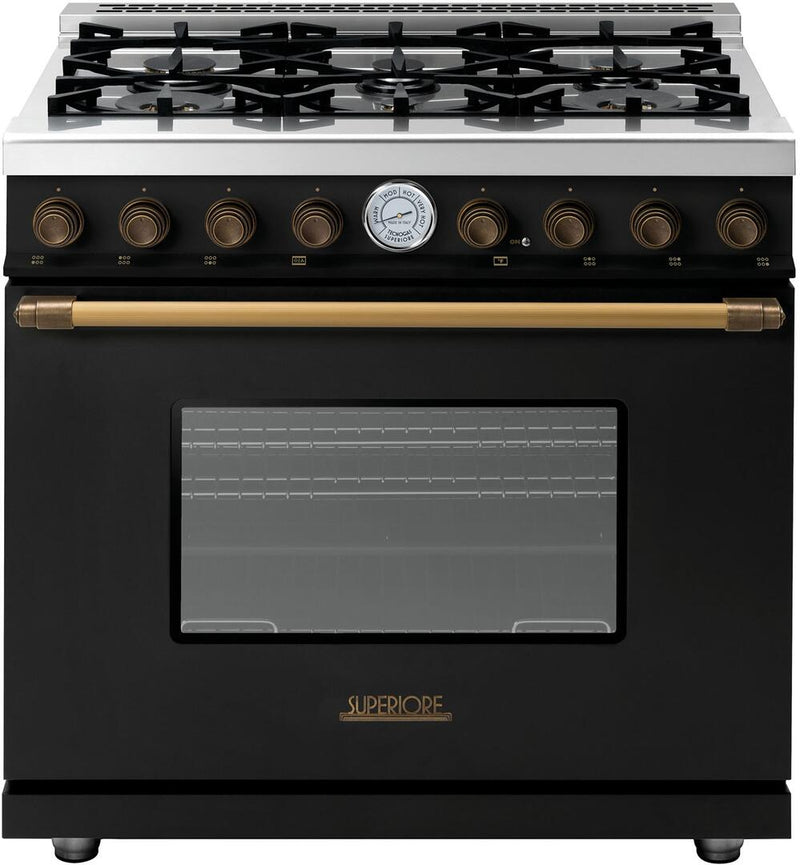 Superiore Deco 36" Gas Freestanding Range in Black Matte with Bronze Trim (RD361GCN_B_)