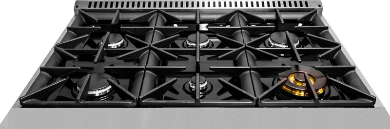 Forte 36" Freestanding All Gas Range - 6 Sealed Italian Made Burners, 4.5 cu. ft. Oven, Easy Glide Oven Racks - in Stainless Steel with Black Door and Stainless Steel Knob (FGR366BBB)