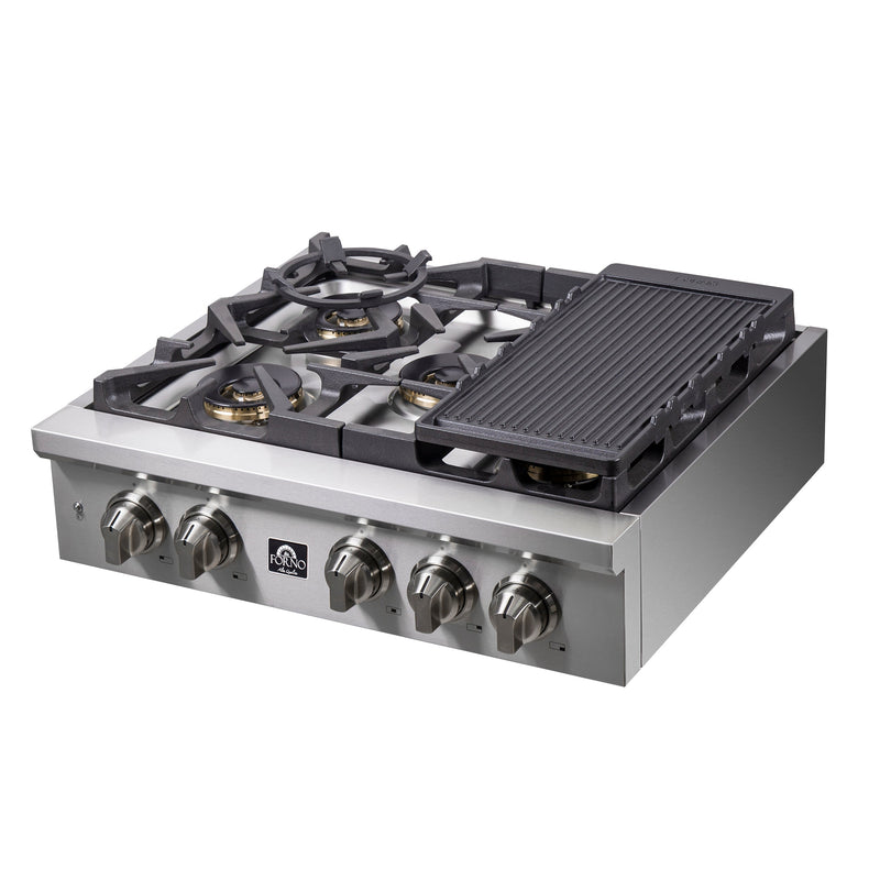 Forno Spezia 30" Gas Cooktop, 4 Burners, Wok Ring and Grill/Griddle in Stainless Steel (FCTGS5751-30)