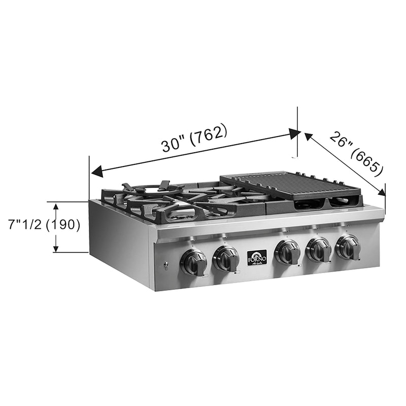 Forno Spezia 30" Gas Cooktop, 4 Burners, Wok Ring and Grill/Griddle in Stainless Steel (FCTGS5751-30)