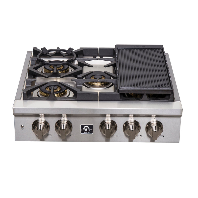 Forno Spezia 30" Gas Cooktop, 4 Burners, Wok Ring and Grill/Griddle in Stainless Steel (FCTGS5751-30)