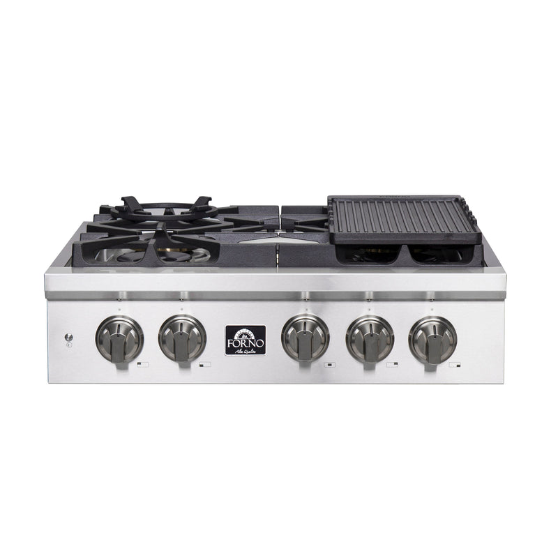 Forno Spezia 30" Gas Cooktop, 4 Burners, Wok Ring and Grill/Griddle in Stainless Steel (FCTGS5751-30)