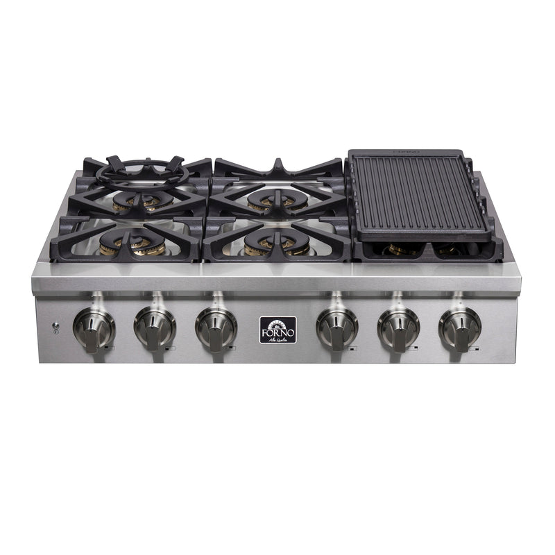 Forno Spezia 36" Gas Cooktop, 6 Burners. Wok Ring and Grill/Griddle in Stainless Steel (FCTGS5751-36)