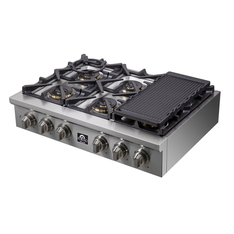 Forno Spezia 36" Gas Cooktop, 6 Burners. Wok Ring and Grill/Griddle in Stainless Steel (FCTGS5751-36)