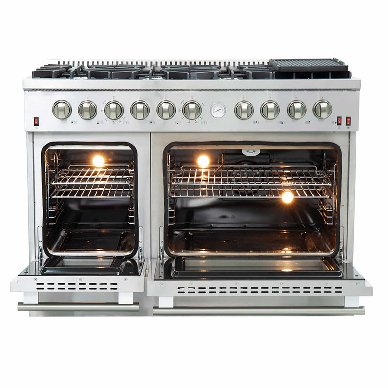 Forno 48" Galiano Gas Range with Air Fryer, 8 Burners, Temperature Gauge, Griddle, in Stainless Steel (FFSGS6291-48)