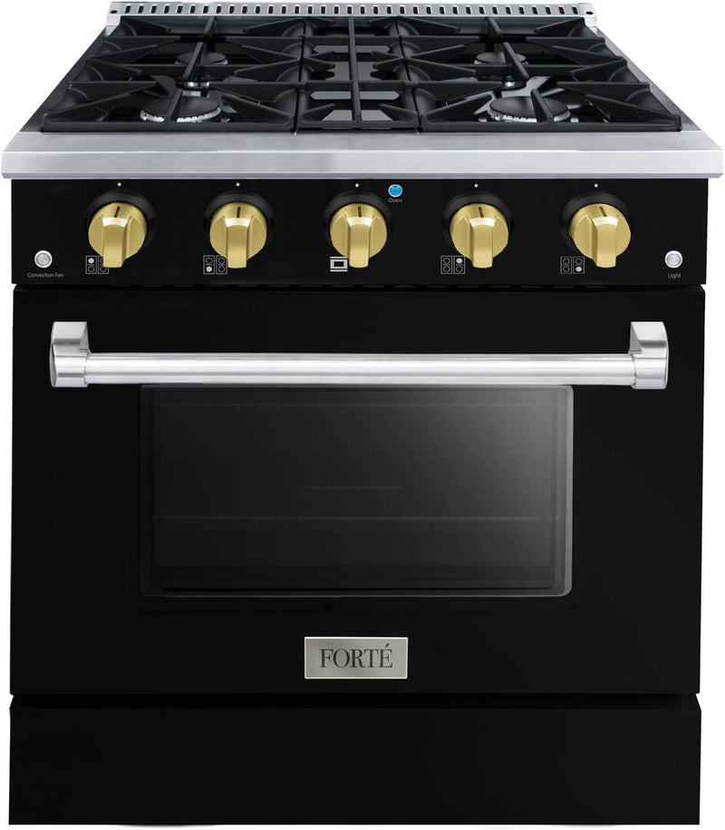 Forte 30" Freestanding All Gas Range - 4 Sealed Italian Made Burners, 3.53 cu. ft. Oven, Easy Glide Oven Racks - in Stainless Steel with Black Door and Brass Knob (FGR304BBB41)