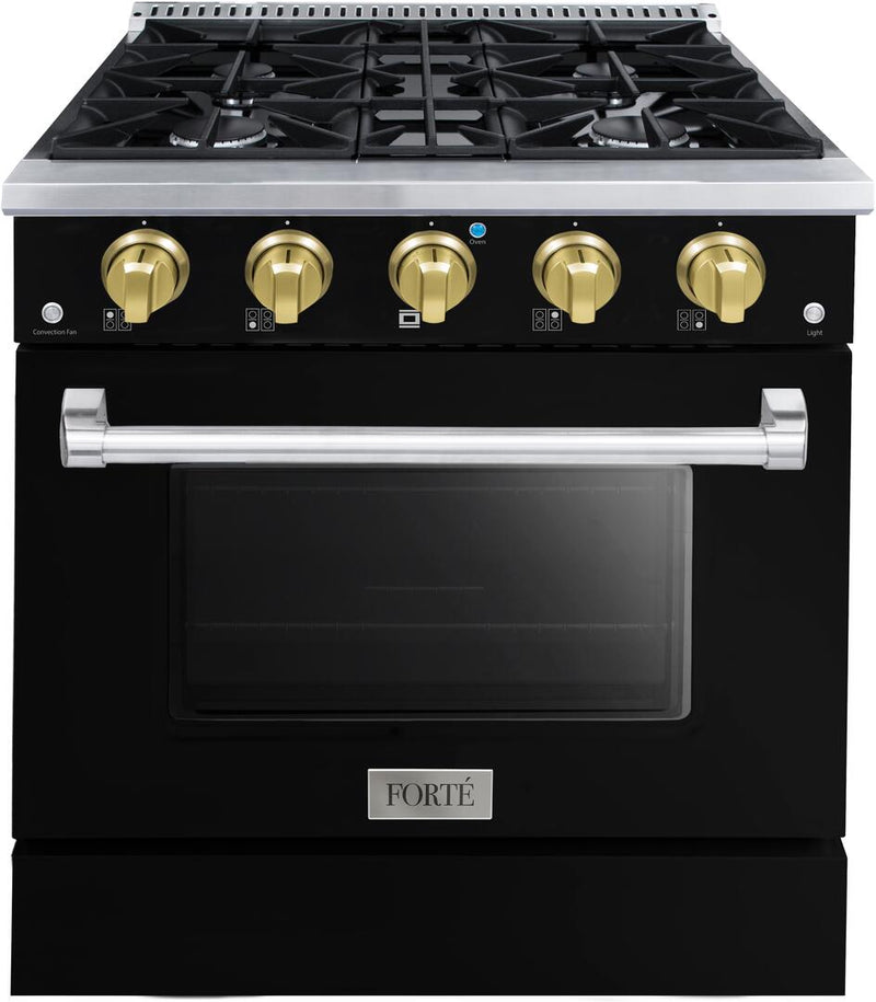 Forte 30" Freestanding All Gas Range - 4 Sealed Italian Made Burners, 3.53 cu. ft. Oven, Easy Glide Oven Racks - in Stainless Steel with Black Door and Brass Knob (FGR304BBB41)