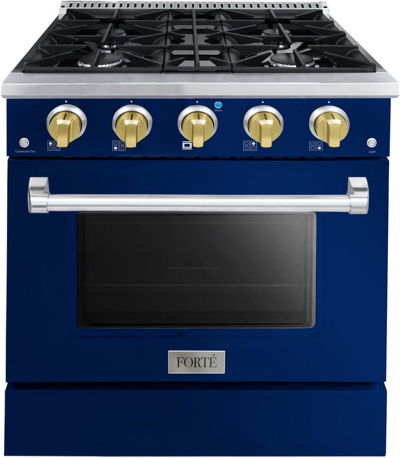 Forte 30" Freestanding All Gas Range - 4 Sealed Italian Made Burners, 3.53 cu. ft. Oven, Easy Glide Oven Racks - in Stainless Steel with Blue Door and Brass Knob (FGR304BBL41)