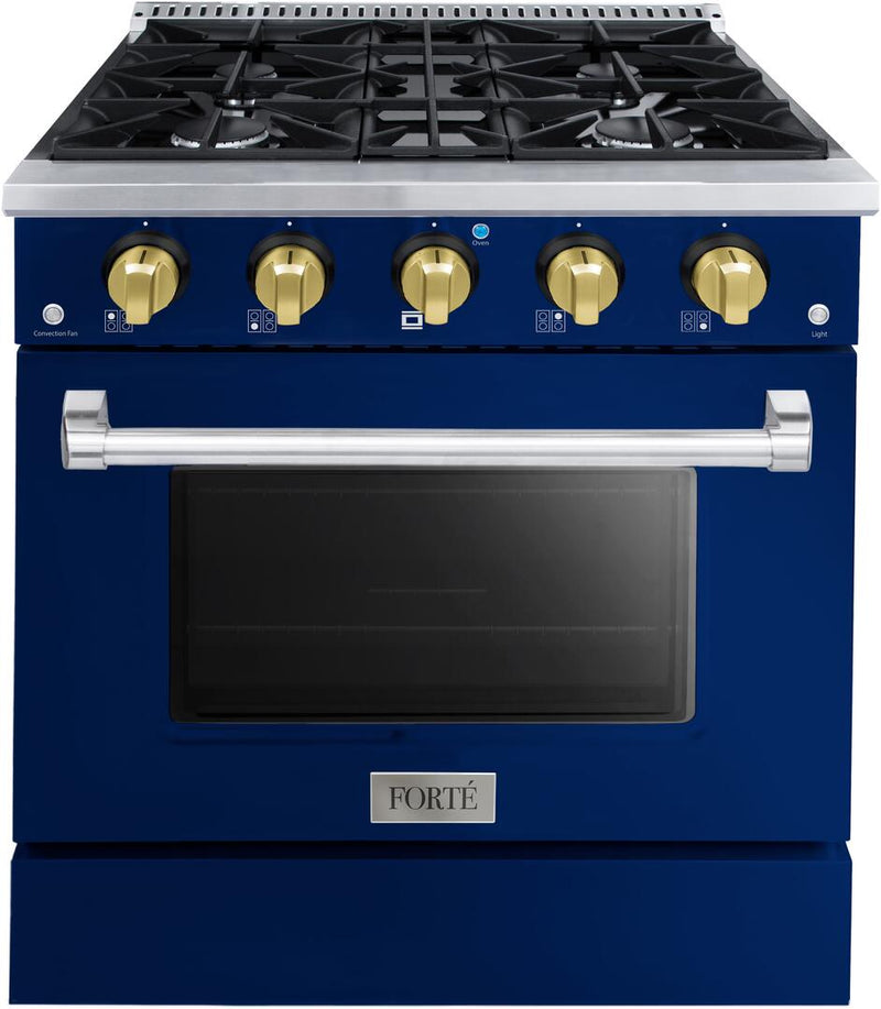 Forte 30" Freestanding All Gas Range - 4 Sealed Italian Made Burners, 3.53 cu. ft. Oven, Easy Glide Oven Racks - in Stainless Steel with Blue Door and Brass Knob (FGR304BBL41)
