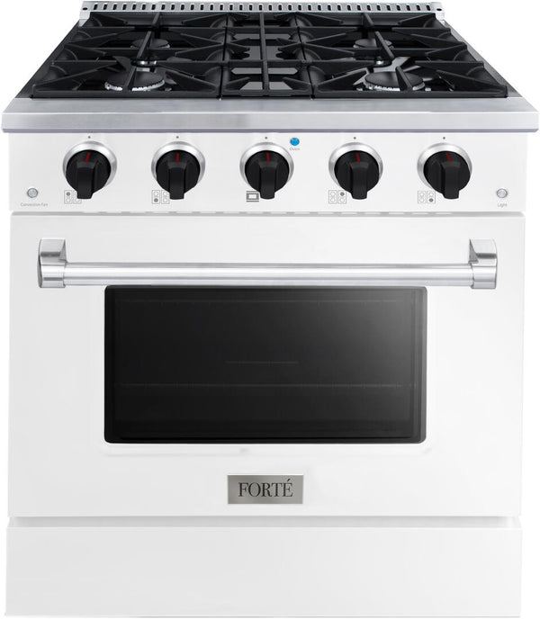 Forte 30" Freestanding All Gas Range - 4 Sealed Italian Made Burners, 3.53 cu. ft. Oven, Easy Glide Oven Racks - in Stainless Steel with White Door and Black Knob (FGR304BWW21)