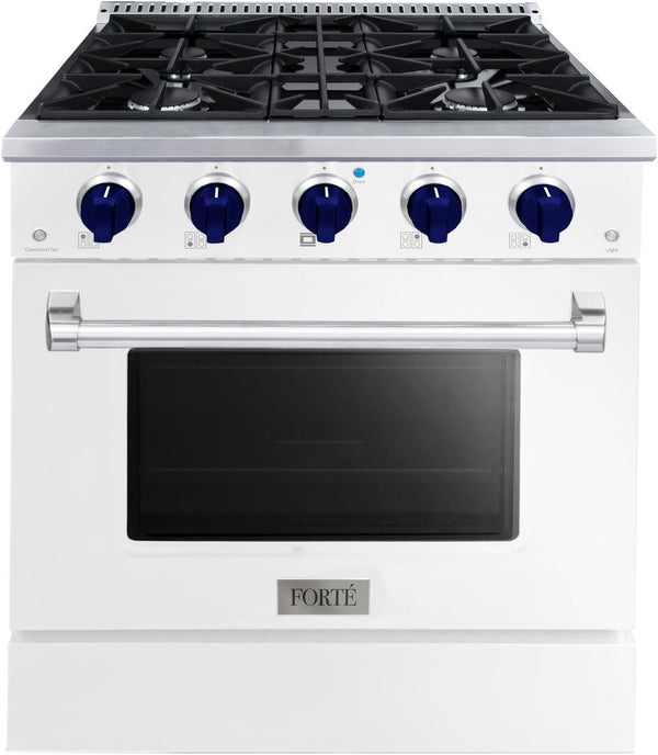 Forte 30" Freestanding All Gas Range - 4 Sealed Italian Made Burners, 3.53 cu. ft. Oven, Easy Glide Oven Racks - in Stainless Steel with White Door and Blue Knob (FGR304BWW31)