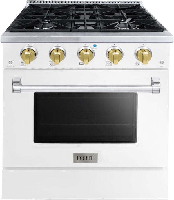 Forte 30" Freestanding All Gas Range - 4 Sealed Italian Made Burners, 3.53 cu. ft. Oven, Easy Glide Oven Racks - in Stainless Steel with White Door and Brass Knob (FGR304BWW41)