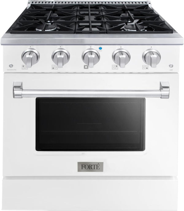 Forte 30" Freestanding All Gas Range - 4 Sealed Italian Made Burners, 3.53 cu. ft. Oven, Easy Glide Oven Racks - in Stainless Steel with White Door and Stainless Steel Knob (FGR304BWW)