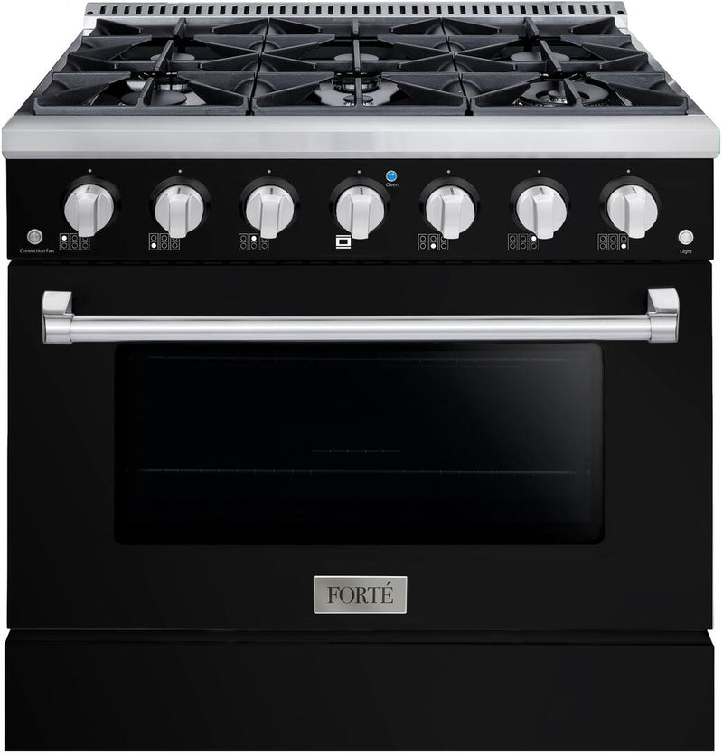 Forte 36" Freestanding All Gas Range - 6 Sealed Italian Made Burners, 4.5 cu. ft. Oven, Easy Glide Oven Racks - in Stainless Steel with Black Door and Stainless Steel Knob (FGR366BBB)