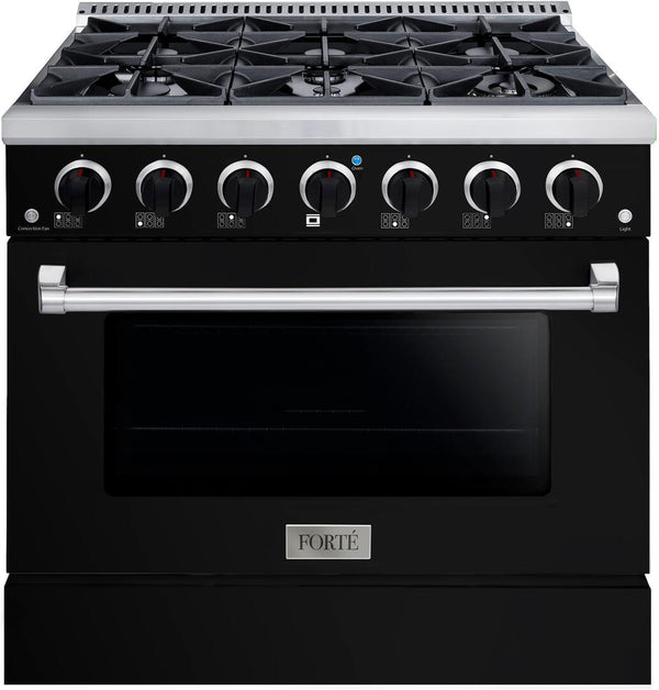 Forte 36" Freestanding All Gas Range - 6 Sealed Italian Made Burners, 4.5 cu. ft. Oven, Easy Glide Oven Racks - in Stainless Steel with Black Door and Black Knob (FGR366BBB21)