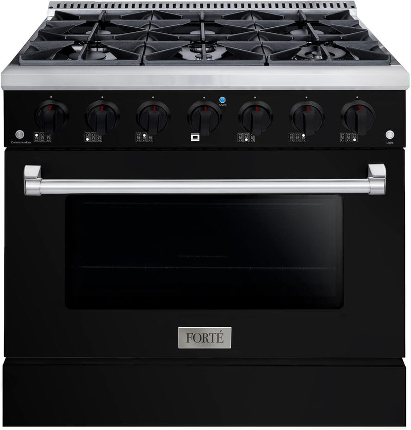 Forte 36" Freestanding All Gas Range - 6 Sealed Italian Made Burners, 4.5 cu. ft. Oven, Easy Glide Oven Racks - in Stainless Steel with Black Door and Black Knob (FGR366BBB21)