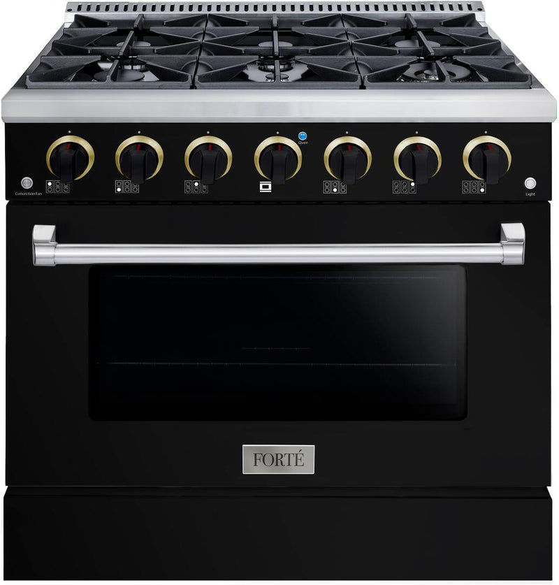 Forte 36" Freestanding All Gas Range - 6 Sealed Italian Made Burners, 4.5 cu. ft. Oven, Easy Glide Oven Racks - in Stainless Steel with Black Door and Black Knob (FGR366BBB21)