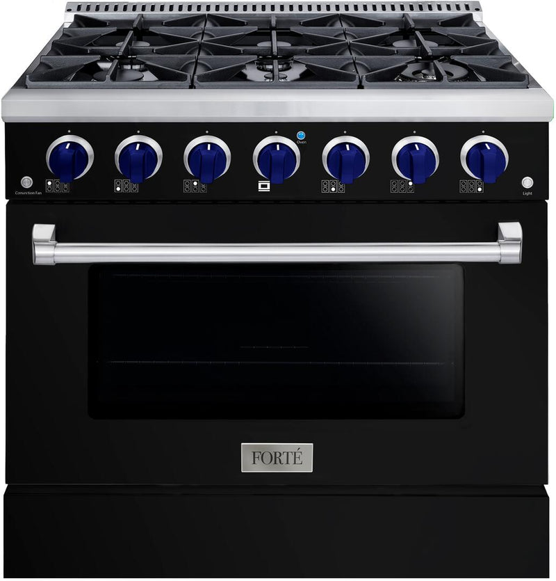 Forte 36" Freestanding All Gas Range - 6 Sealed Italian Made Burners, 4.5 cu. ft. Oven, Easy Glide Oven Racks - in Stainless Steel with Black Door and Blue Knob (FGR366BBB31)