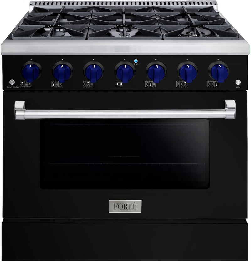 Forte 36" Freestanding All Gas Range - 6 Sealed Italian Made Burners, 4.5 cu. ft. Oven, Easy Glide Oven Racks - in Stainless Steel with Black Door and Blue Knob (FGR366BBB31)