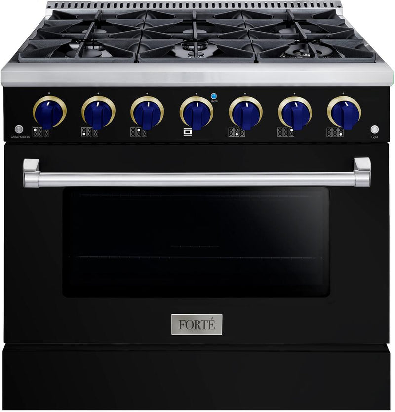 Forte 36" Freestanding All Gas Range - 6 Sealed Italian Made Burners, 4.5 cu. ft. Oven, Easy Glide Oven Racks - in Stainless Steel with Black Door and Blue Knob (FGR366BBB31)