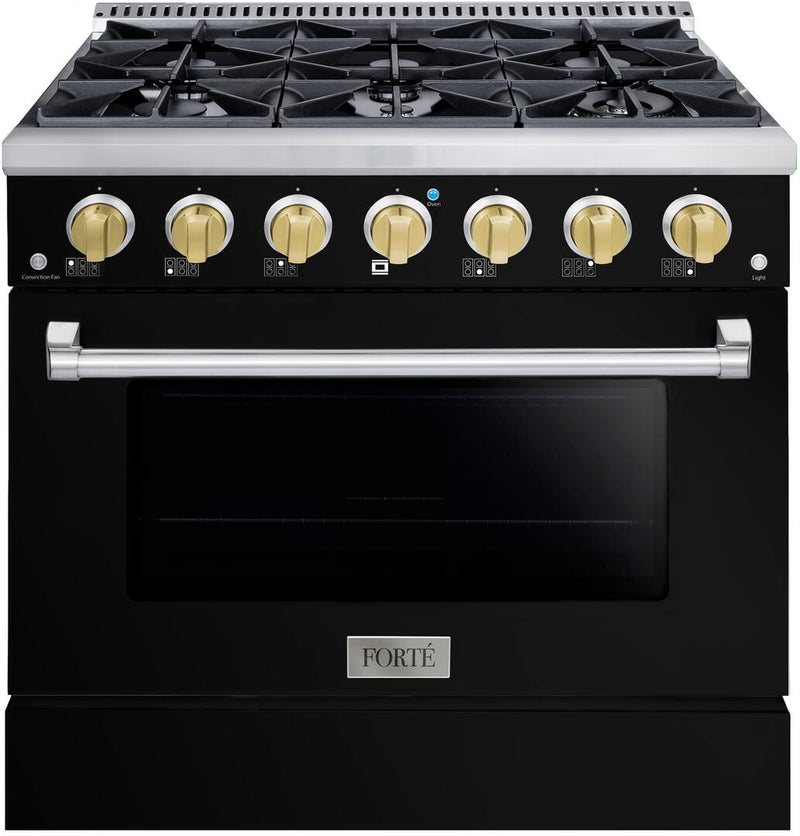 Forte 36" Freestanding All Gas Range - 6 Sealed Italian Made Burners, 4.5 cu. ft. Oven, Easy Glide Oven Racks - in Stainless Steel with Black Door and Brass Knob (FGR366BBB41)