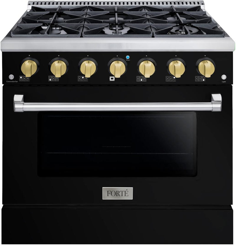 Forte 36" Freestanding All Gas Range - 6 Sealed Italian Made Burners, 4.5 cu. ft. Oven, Easy Glide Oven Racks - in Stainless Steel with Black Door and Brass Knob (FGR366BBB41)