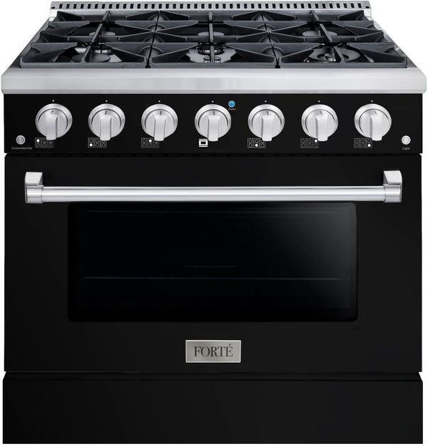 Forte 36" Freestanding All Gas Range - 6 Sealed Italian Made Burners, 4.5 cu. ft. Oven, Easy Glide Oven Racks - in Stainless Steel with Black Door and Stainless Steel Knob (FGR366BBB)