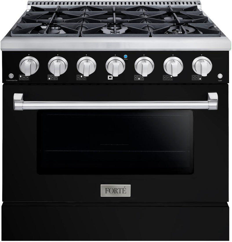 Forte 36" Freestanding All Gas Range - 6 Sealed Italian Made Burners, 4.5 cu. ft. Oven, Easy Glide Oven Racks - in Stainless Steel with Black Door and Stainless Steel Knob (FGR366BBB)