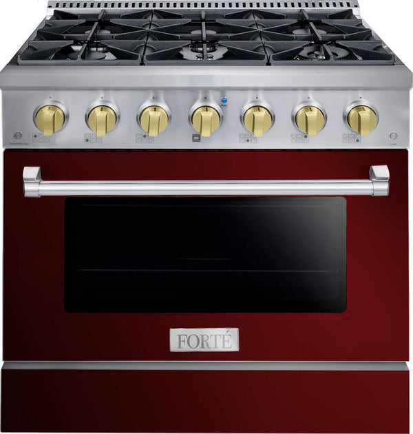 Forte 48" Freestanding All Gas Range - 8 Sealed Italian Made Burners, 5.53 cu. ft. Oven & Griddle - in Stainless Steel with Burgundy Door and Brass Knob (FGR488BBG41)