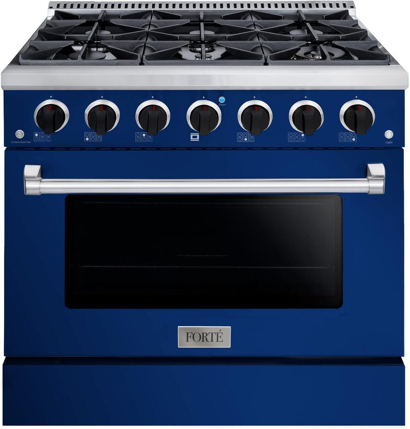 Forte 36" Freestanding All Gas Range - 6 Sealed Italian Made Burners, 4.5 cu. ft. Oven, Easy Glide Oven Racks - in Stainless Steel with Blue Door and Black Knob (FGR366BBL21)