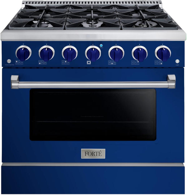 Forte 36" Freestanding All Gas Range - 6 Sealed Italian Made Burners, 4.5 cu. ft. Oven, Easy Glide Oven Racks - in Stainless Steel with Blue Door and Blue Knob (FGR366BBL31)