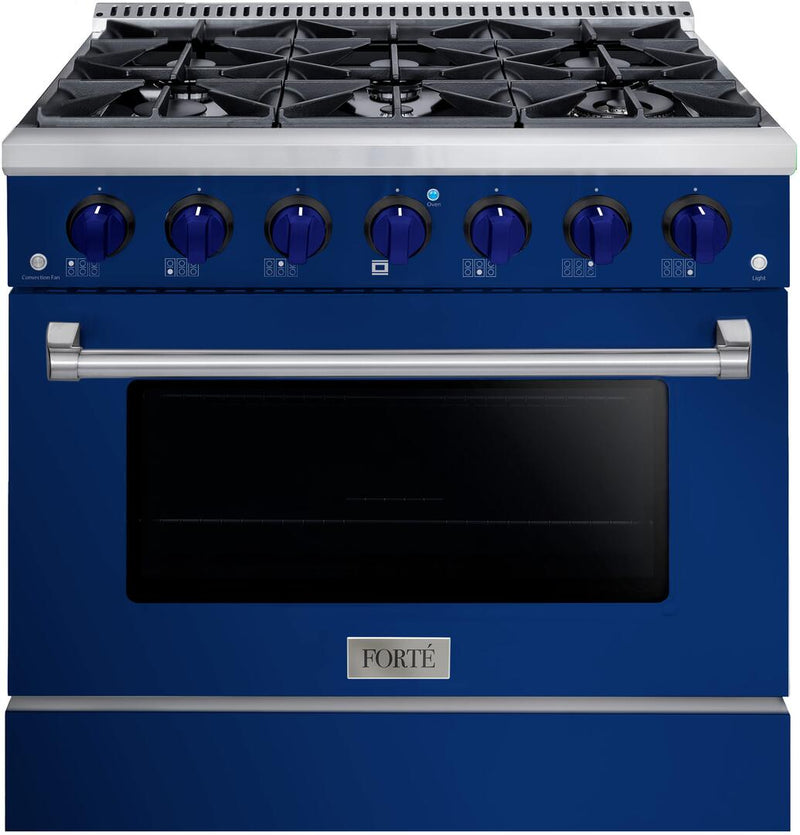 Forte 36" Freestanding All Gas Range - 6 Sealed Italian Made Burners, 4.5 cu. ft. Oven, Easy Glide Oven Racks - in Stainless Steel with Blue Door and Blue Knob (FGR366BBL31)