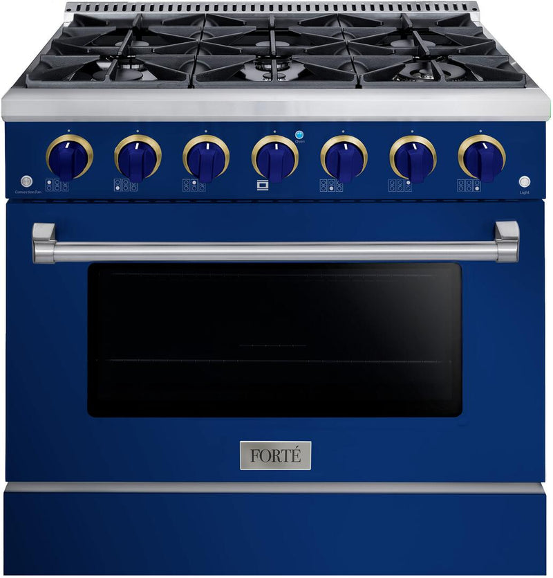 Forte 36" Freestanding All Gas Range - 6 Sealed Italian Made Burners, 4.5 cu. ft. Oven, Easy Glide Oven Racks - in Stainless Steel with Blue Door and Blue Knob (FGR366BBL31)