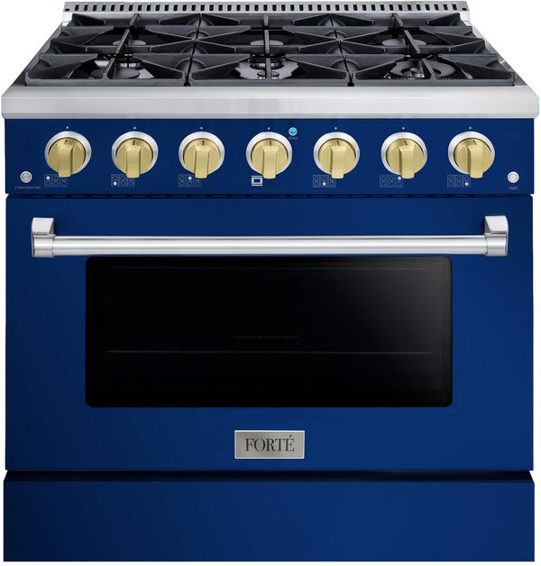 Forte 36" Freestanding All Gas Range - 6 Sealed Italian Made Burners, 4.5 cu. ft. Oven, Easy Glide Oven Racks - in Stainless Steel with Blue Door and Brass Knob (FGR366BBL41)