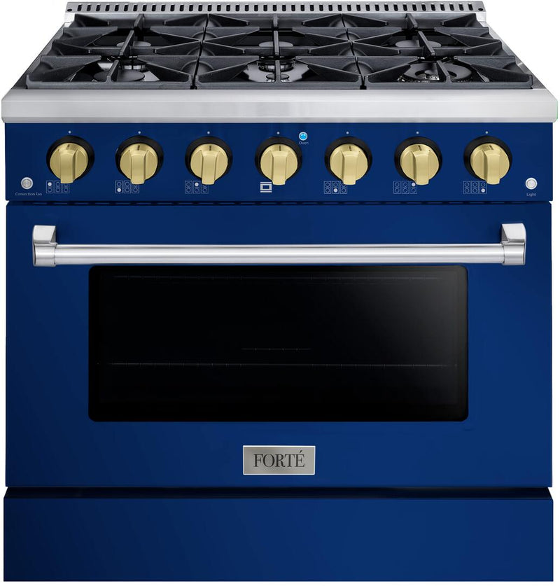 Forte 36" Freestanding All Gas Range - 6 Sealed Italian Made Burners, 4.5 cu. ft. Oven, Easy Glide Oven Racks - in Stainless Steel with Blue Door and Brass Knob (FGR366BBL41)