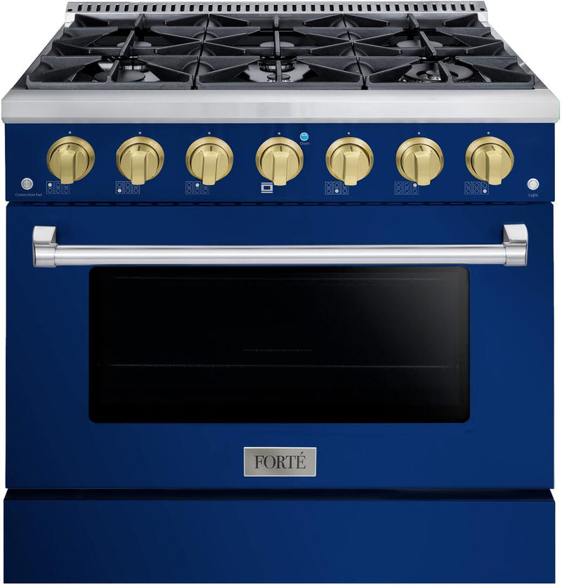 Forte 36" Freestanding All Gas Range - 6 Sealed Italian Made Burners, 4.5 cu. ft. Oven, Easy Glide Oven Racks - in Stainless Steel with Blue Door and Brass Knob (FGR366BBL41)