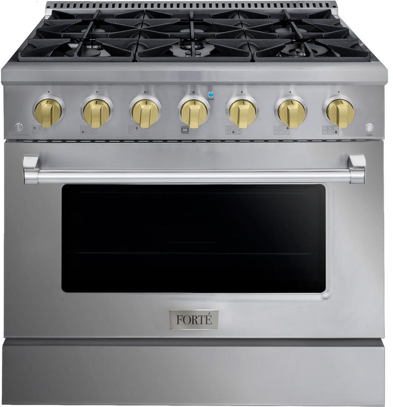 Forte 36" Freestanding All Gas Range - 6 Sealed Italian Made Burners, 4.5 cu. ft. Oven, Easy Glide Oven Racks - in Stainless Steel and Brass Knob (FGR366BSS41)