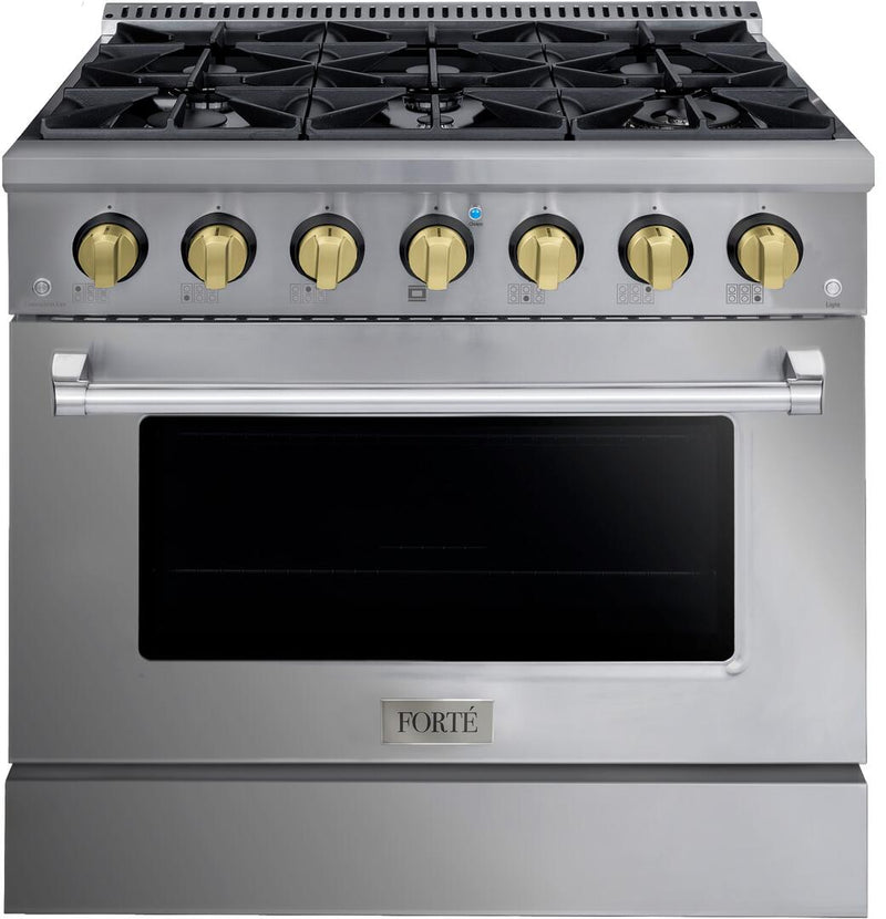 Forte 36" Freestanding All Gas Range - 6 Sealed Italian Made Burners, 4.5 cu. ft. Oven, Easy Glide Oven Racks - in Stainless Steel and Brass Knob (FGR366BSS41)