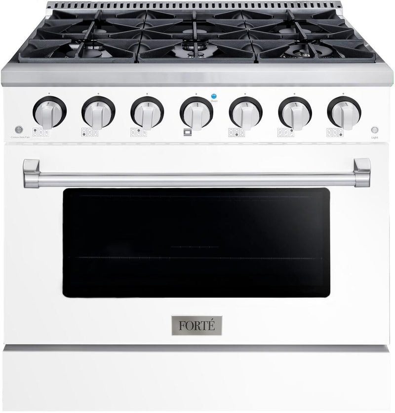 Forte 36" Freestanding All Gas Range - 6 Sealed Italian Made Burners, 4.5 cu. ft. Oven, Easy Glide Oven Racks - in Stainless Steel with White Door and Stainless Steel Knob (FGR366BWW)