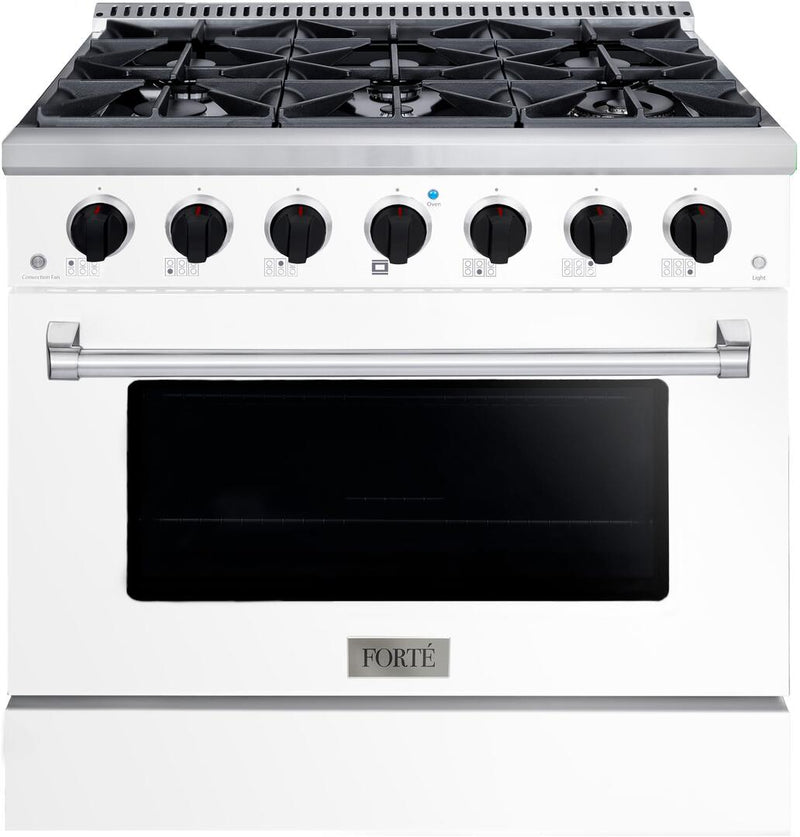 Forte 36" Freestanding All Gas Range - 6 Sealed Italian Made Burners, 4.5 cu. ft. Oven, Easy Glide Oven Racks - in Stainless Steel with White Door and Black Knob (FGR366BWW21)