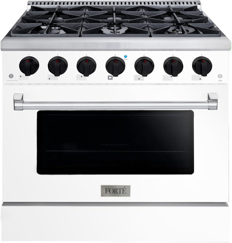 Forte 36" Freestanding All Gas Range - 6 Sealed Italian Made Burners, 4.5 cu. ft. Oven, Easy Glide Oven Racks - in Stainless Steel with White Door and Black Knob (FGR366BWW21)