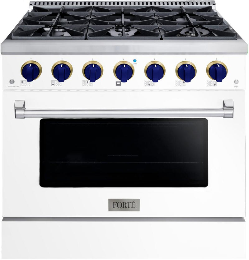 Forte 36" Freestanding All Gas Range - 6 Sealed Italian Made Burners, 4.5 cu. ft. Oven, Easy Glide Oven Racks - in Stainless Steel with White Door and Blue Knob (FGR366BWW31)