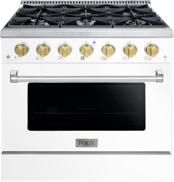 Forte 36" Freestanding All Gas Range - 6 Sealed Italian Made Burners, 4.5 cu. ft. Oven, Easy Glide Oven Racks - in Stainless Steel with White Door and Brass Knob (FGR366BWW41)