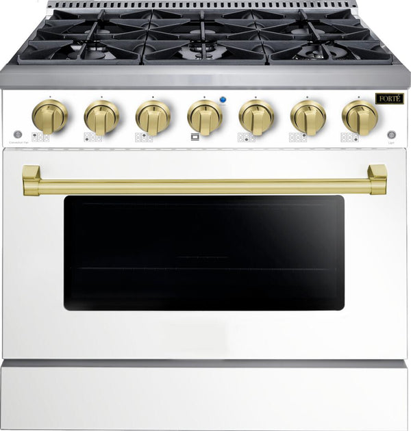 Forte 36" Freestanding All Gas Range - 6 Sealed Italian Made Burners, 4.5 cu. ft. Oven, Easy Glide Oven Racks - in Stainless Steel with Brass Trim (FGR366BWWBR)